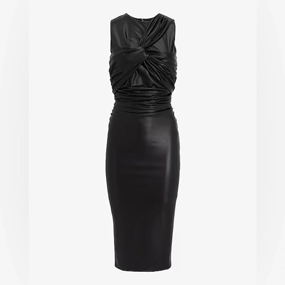 Body Contour Faux Leather Twist Front Midi Dress With Built-In Shapewear - Picture 5 of 5